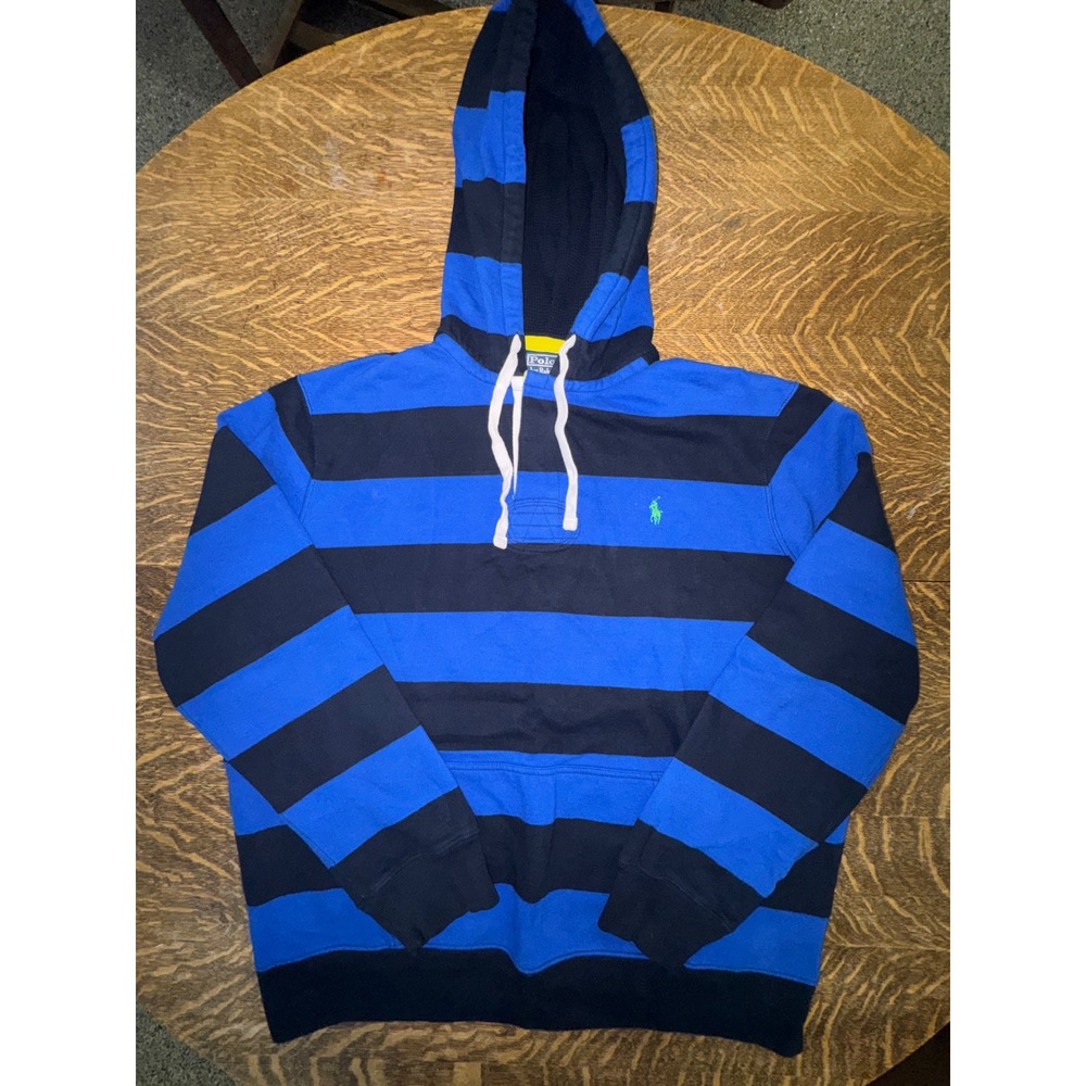 Polo Ralph Lauren Hooded Rugby Shirt XXL Navy Royal Blue Stripe Pullover - Picture 2 of 12